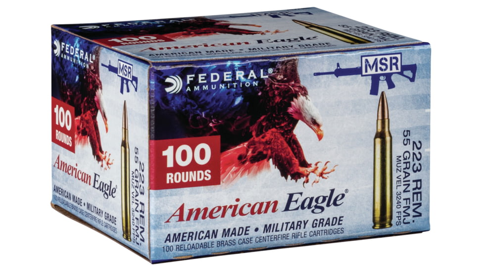 Federal Premium American Eagle Rifle .223 Remington 55 grain Full Metal Jacket Brass Cased Centerfire Rifle Ammo, 100 Rounds, AE223BLF