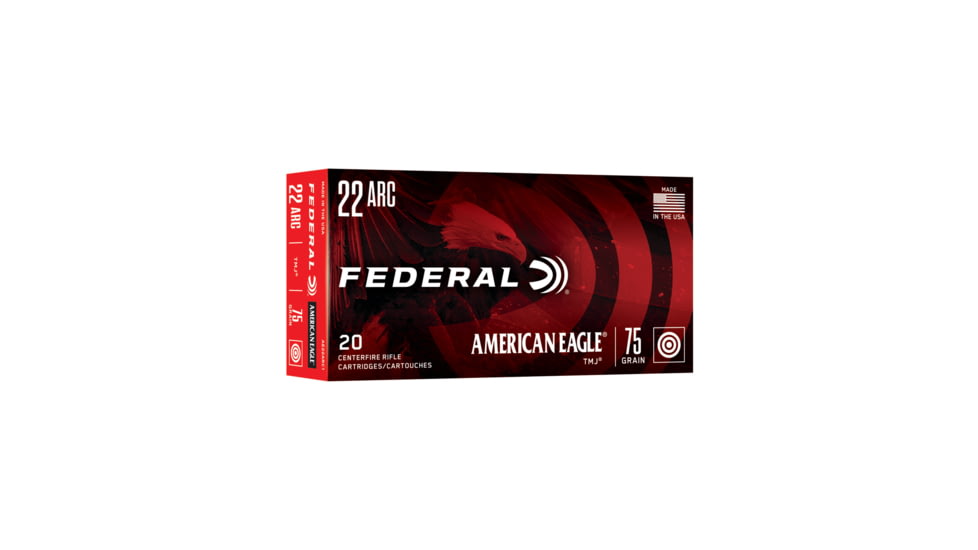 Federal American Eagle .22 ARC 75 Grain Full Metal Jacket Boat Tail Brass Cased Rifle Ammunition, 20 Rounds, AE22ARC1