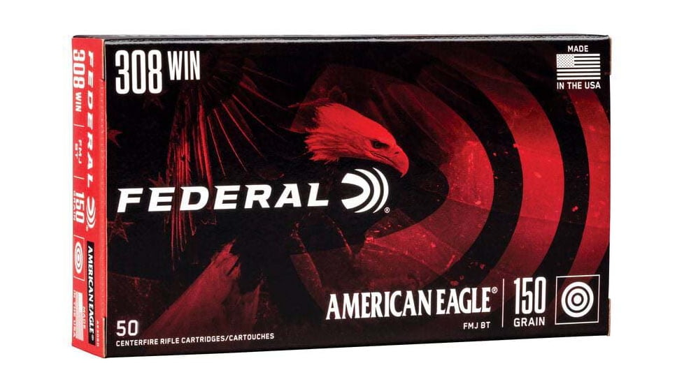 Federal American Eagle Varmint &amp; Predator .308 Winchester 150 Grain Full Metal Jacket Brass Cased Boat Tail Rifle Ammo, 50 Rounds, AE308DB