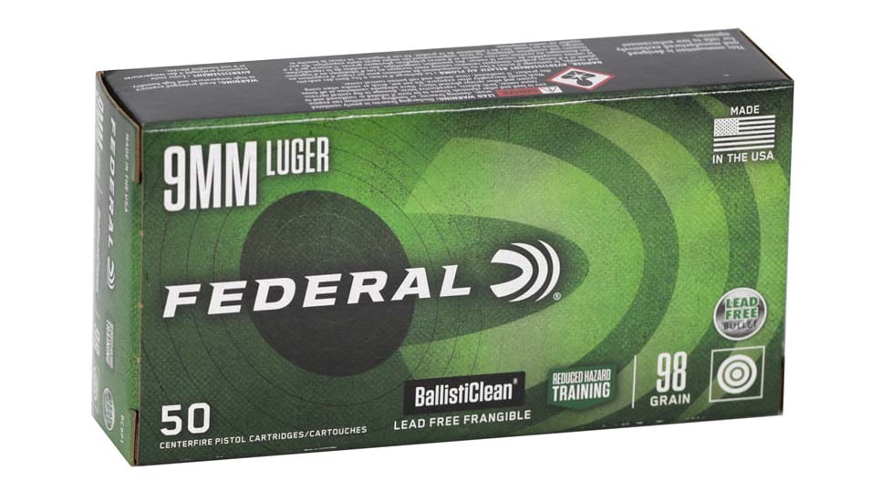 Federal BallistiClean RHT Handgun 9mm 98 Grain Cesseroni Frangible Brass Pistol Ammo, 50 Rounds, BC9P1