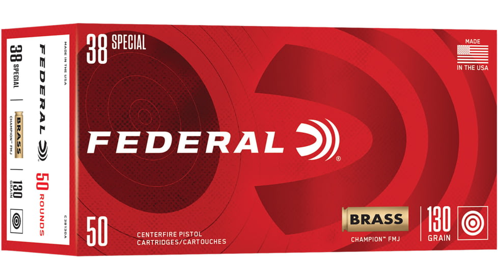 Federal 38 Special 130 Grain Full Metal Jacket Brass Pistol Ammo, 50 Rounds, C38130A