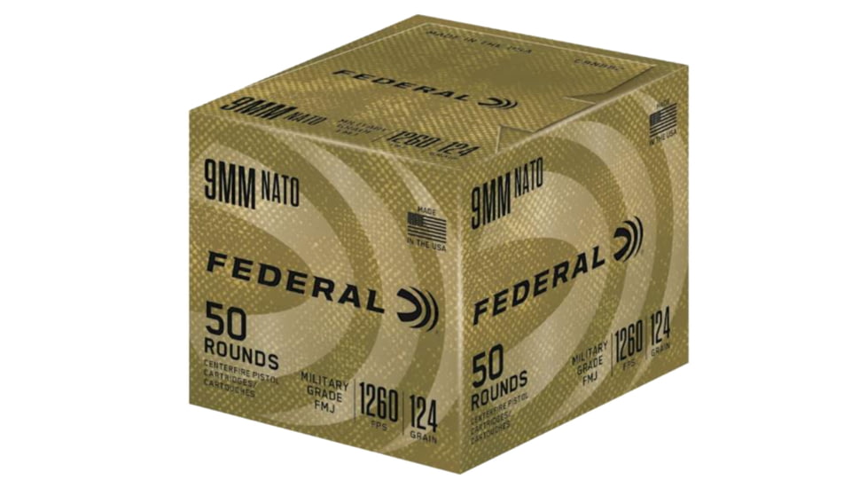 Federal Premium Military Grade 9 mm Luger 124 Grain Full Metal Jacket Brass Cased Centerfire Pistol Ammo, 50 Rounds, C9N882