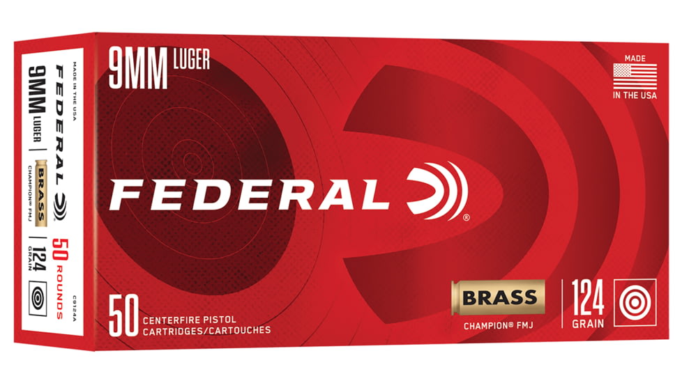 Federal Cartridge/Kinetic Pistol Ammo 9Mm 124 Fmj Champ Brass 50/20, C9124A