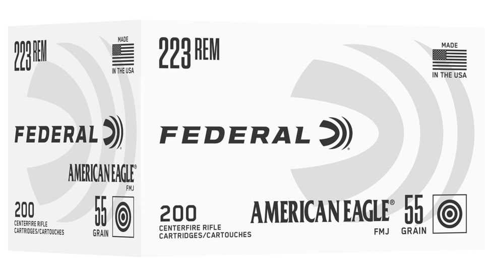 Federal American Eagle 223 Remington 55 Grain FMJ Brass Rifle Ammo, 200 Rounds, AE223C