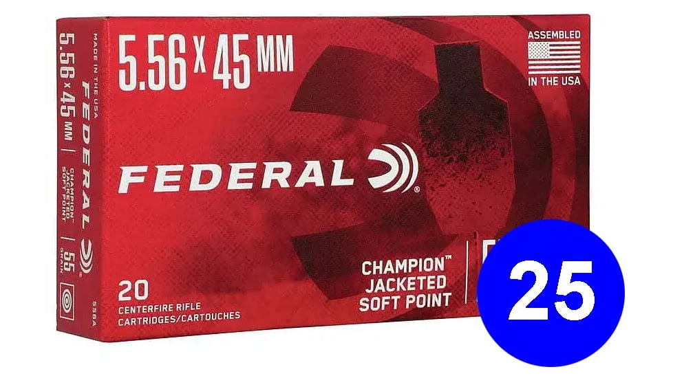 Federal Champion 5.56x45 55 Grain Jacketed Soft Point Brass Case Rifle Ammo, 500 Round