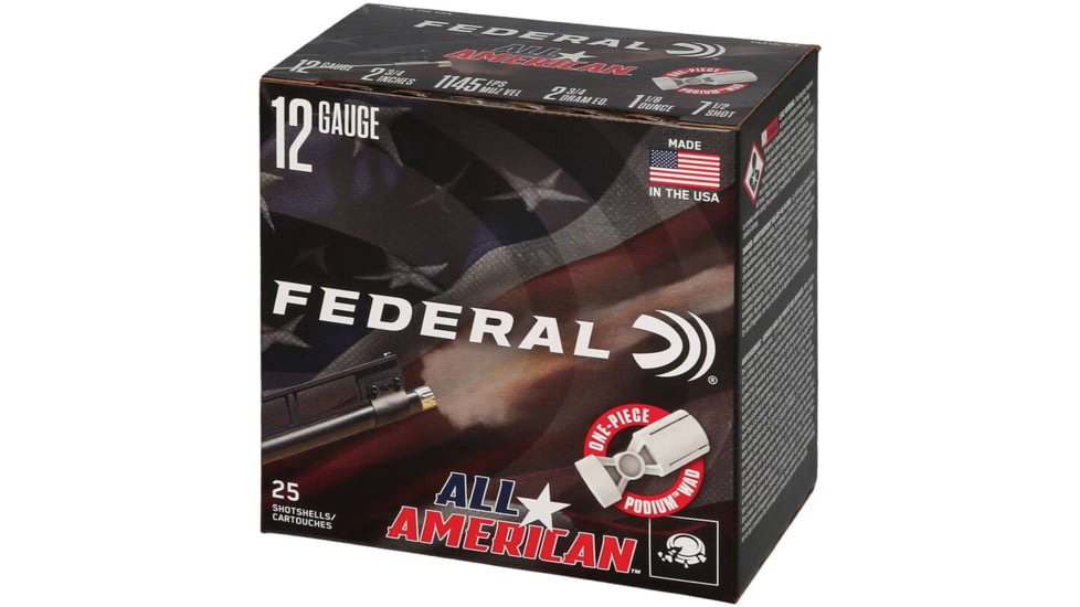 Federal All American 12 Gauge 1 1/8oz 2 3/4in Shotgun Ammo, #7.5, 1145 FPS, 25 Rounds, FAA12L 7.5