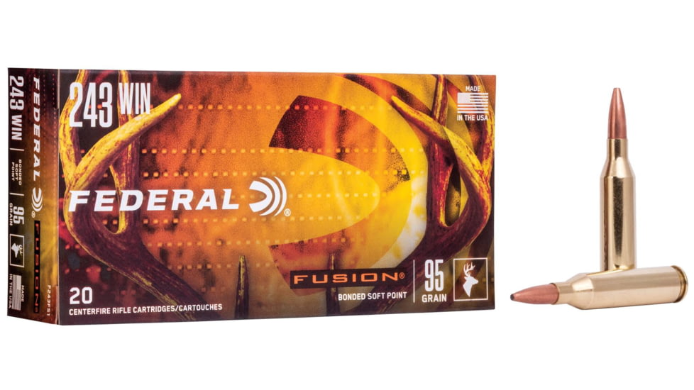 Federal Fushion 243 Winchester 95 Grain Soft Point Brass Rifle Ammo, 20 Rounds, F243TFS1