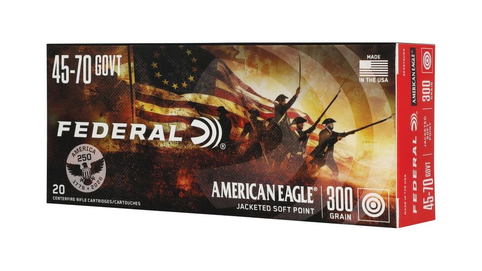 Federal 250th Anniversary USA 45-70 Goverment 300 Grain Jacketed Soft Point Rifle Ammo, 20 Rounds, AE4570USA