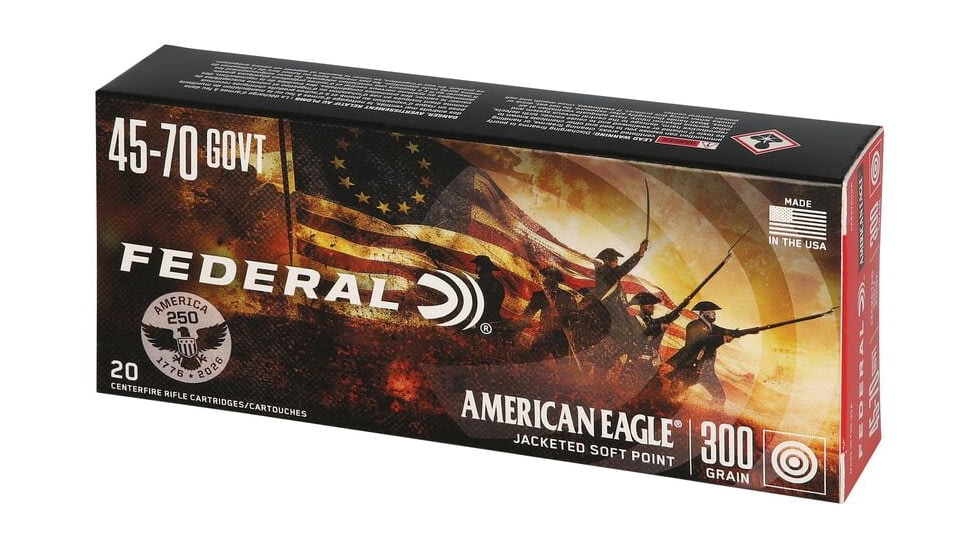Federal 250th Anniversary USA 45-70 Goverment 300 Grain Jacketed Soft Point Rifle Ammo, 20 Rounds, AE4570USA
