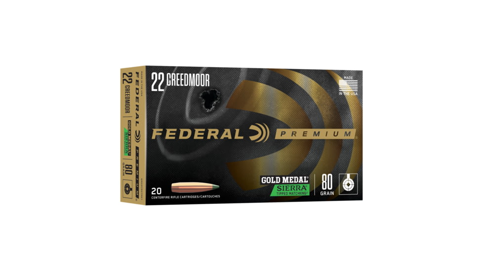 Federal Gold Medal .22 Creedmore 80 Grain Tipped Matchking Brass Cased Rifle Ammunition, 20 Rounds, GM22CRDTMK1