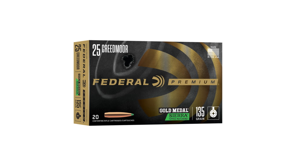 Federal Gold Medal .25 Creedmore 135 Grain Tipped Matchking Brass Cased Rifle Ammunition, 20 Rounds, GM25CRDTMK1