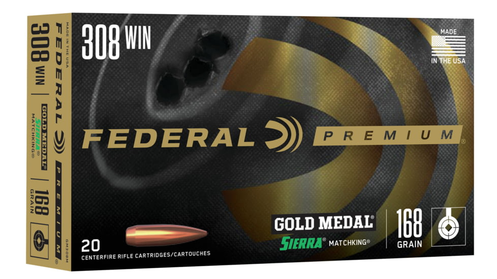 Federal Gold Medal .308 Winchester 155 Grain Sierra MatchKing Boat Tail Hollow Point Steel Cased Centerfire Rifle Ammo, 20 Rounds, GM308M3