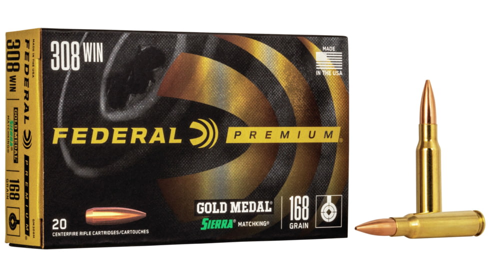 Federal Gold Medal .308 Winchester 155 Grain Sierra MatchKing Boat Tail Hollow Point Steel Cased Centerfire Rifle Ammo, 20 Rounds, GM308M3