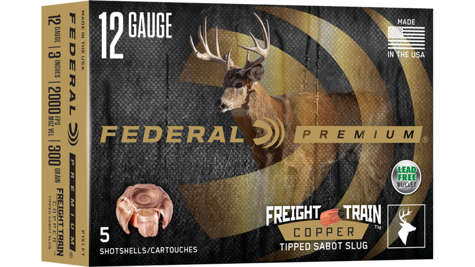 Federal Freight Train Copper Sabot 12 Gauge 300 Grain 3in Slug Shotgun Ammo, 5 Rounds, P151 FT