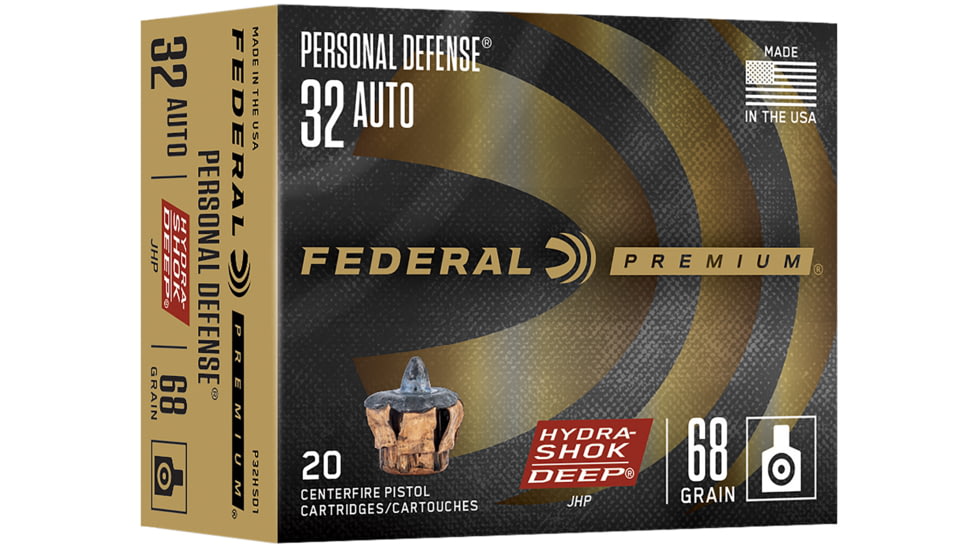 Federal Premium Personal Defense .32 Auto 68 Grain Hydra-Shok Jacketed Hollow Point Centerfire Pistol Ammo, 20 Rounds, P32HSD1