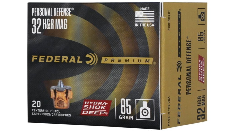 Federal Personal Defense 32 H&amp;R Mag 85 Grain Hydra-Shok Deep JHP Brass Pistol Ammo, 20 Rounds, P32HRHSD1