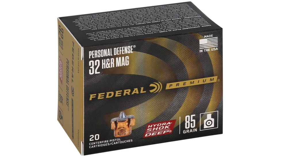 Federal Personal Defense 32 H&amp;R Mag 85 Grain Hydra-Shok Deep JHP Brass Pistol Ammo, 20 Rounds, P32HRHSD1