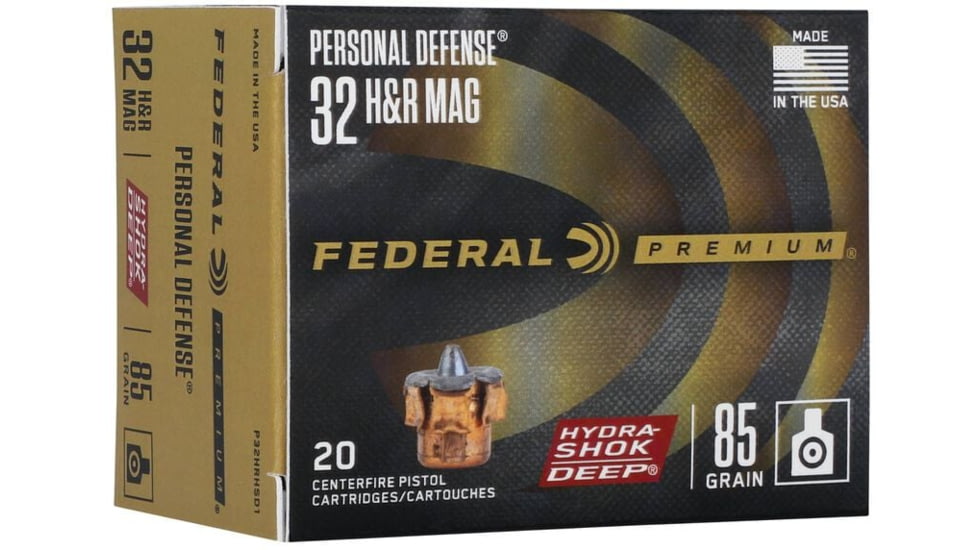 Federal Personal Defense 32 H&amp;R Mag 85 Grain Hydra-Shok Deep JHP Brass Pistol Ammo, 20 Rounds, P32HRHSD1