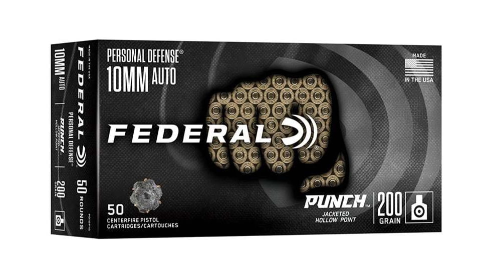 Federal Personal Defense Punch 10mm Auto 200 Grain Jacketed Hollow Point Brass Cased Pistol Ammo, 50 Rounds, PD10P1G
