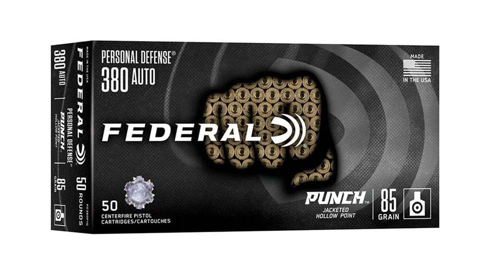 Federal Personal Defense Punch .380 ACP 85 Grain Punch Jacketed Hollow Point Brass Cased Pistol Ammo, 50 Rounds, PD380P1G