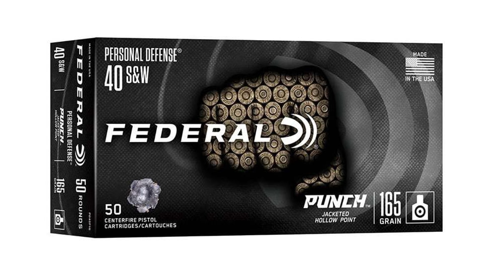 Federal Personal Defense Punch .40 S&amp;W 165 Grain Jacketed Hollow Point Brass Cased Pistol Ammo, 50 Rounds, PD40P1G