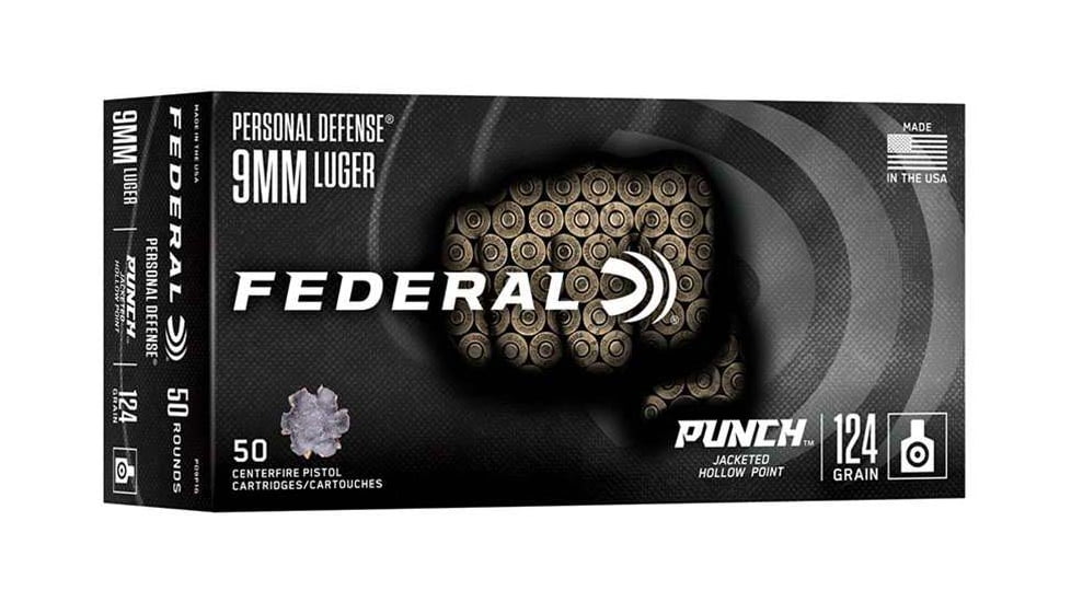 Federal Personal Defense Punch 9mm Luger 124 Grain Jacketed Hollow Point Brass Cased Pistol Ammo, 50 Rounds, PD9P1G