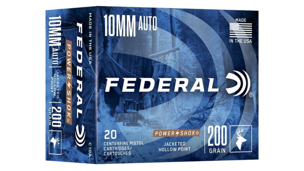 Federal Power-Shok Handgun 10mm Auto 200 Grain JHP Brass Pistol Ammo, 20 Rounds, C10A