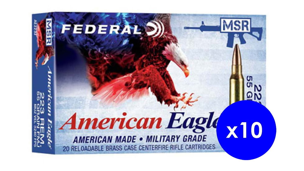 Federal Premium, .223 Remington, 55 grain, Full Metal Jacket Boat Tail, Brass, Centerfire Rifle Ammo, 200 Rounds
