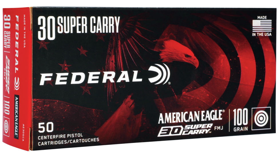 Federal Premium .30 Super Carry 100 Grain Full Metal Jacket Brass Cased Centerfire Pistol Ammo, 50 Rounds, AE30SCA