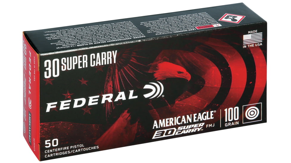 Federal Premium .30 Super Carry 100 Grain Full Metal Jacket Brass Cased Centerfire Pistol Ammo, 50 Rounds, AE30SCA