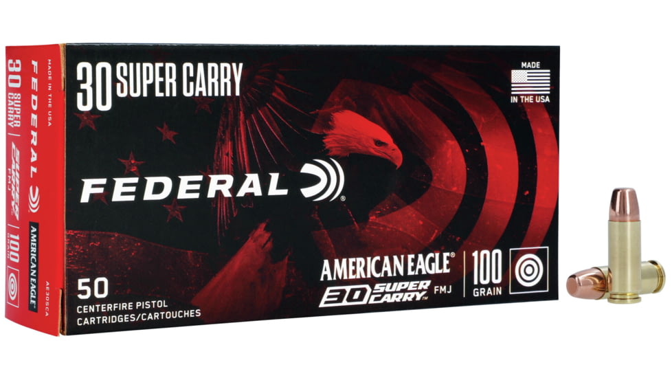 Federal Premium .30 Super Carry 100 Grain Full Metal Jacket Brass Cased Centerfire Pistol Ammo, 50 Rounds, AE30SCA