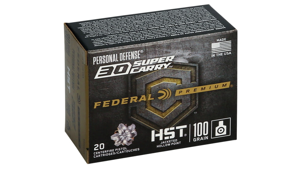 Federal Premium 30 Super Carry 100 Grain JHP Nickle Plated Brass Centerfire Pistol Ammo, 20 Rounds, P30HST1S