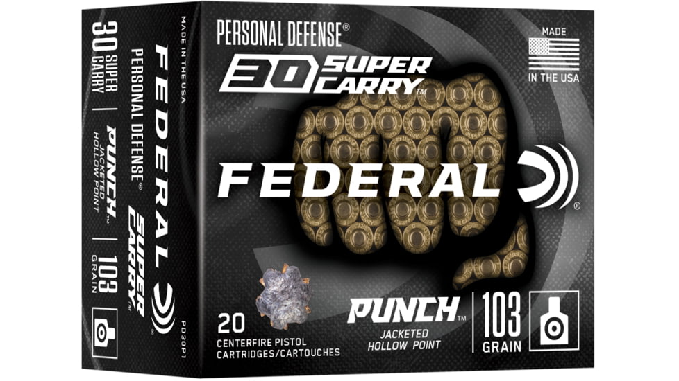 Federal Premium 30 Super Carry 103 Grain Punch HP Brass Centerfire Pistol Ammo, 20 Rounds, PD30P1
