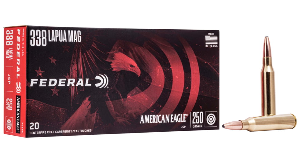 Federal American Eagle Rifle .338 Lapua Magnum 250 Grain Full Metal Jacket Brass Cased Soft Points Rifle Ammo, 20 Rounds, AE338L