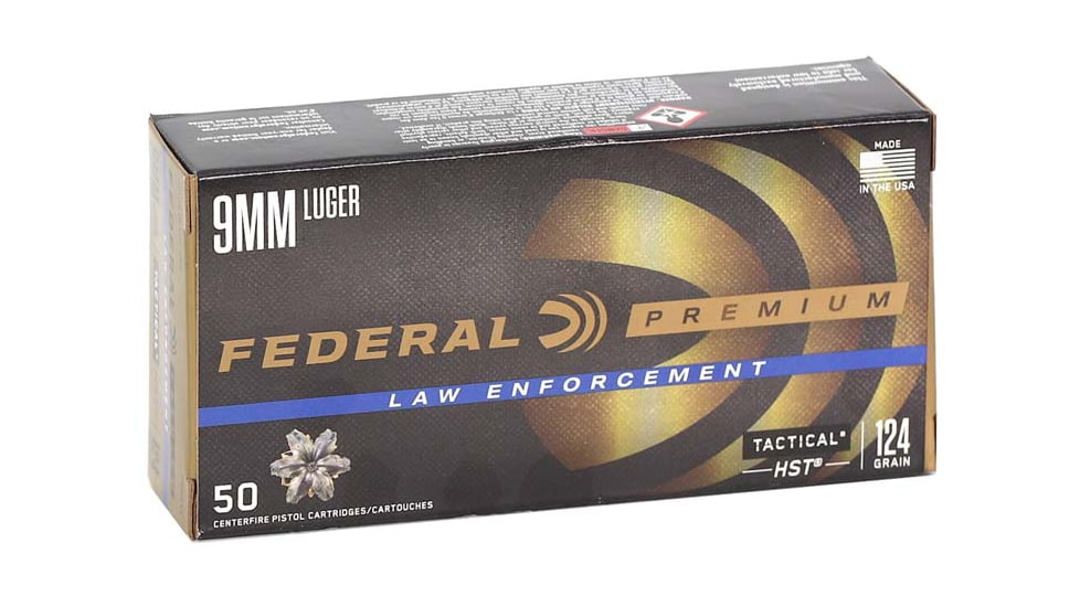 Federal Premium 9 mm Luger, 124 Grain, Jacketed Hollow Point JHP, Brass Cased, Centerfire Pistol Ammo, 50 Rounds, P9HST1