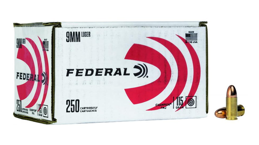 Federal Premium 9mm Luger 115 Grain Full Metal Jacket Brass Centerfire Pistol Ammo, 250 Rounds, C9115A250