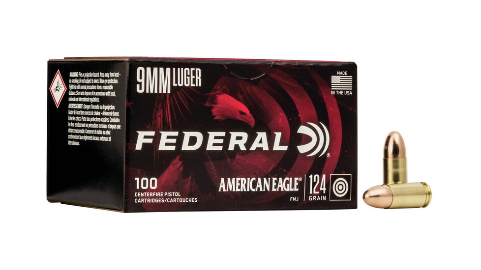 Federal Premium 9mm Luger 124 Grain FMJ Brass Centerfire Pistol Ammo, 100 Rounds, AE9AP100