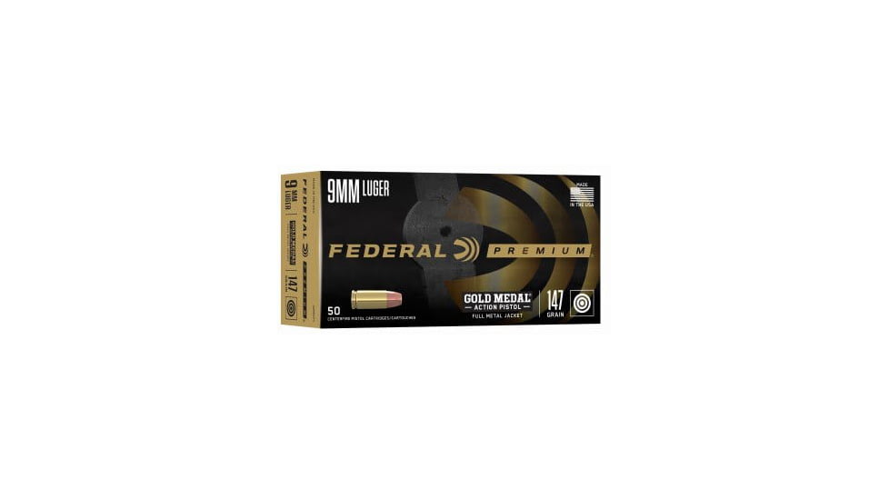 Federal Premium 9mm Luger 147 Grain FMJ Gold Medal Action Brass Centerfire Pistol Ammo, 50 Rounds, GM9AP1