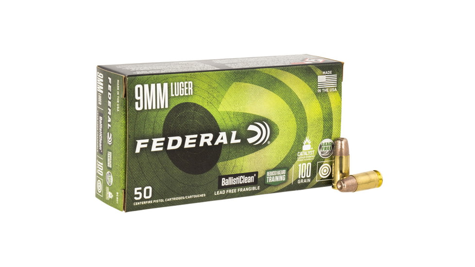 Federal Premium 9mmluger 100 Grain Frangible Ballisticlean RHT Brass Centerfire Pistol Ammo, 50 Rounds, BC9H1