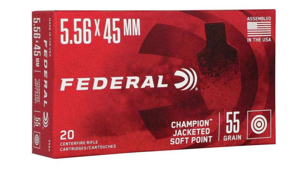 Federal Champion 5.56x45 55 Grain Jacketed Soft Point Brass Case Rifle Ammo, 20 Rounds, 556A