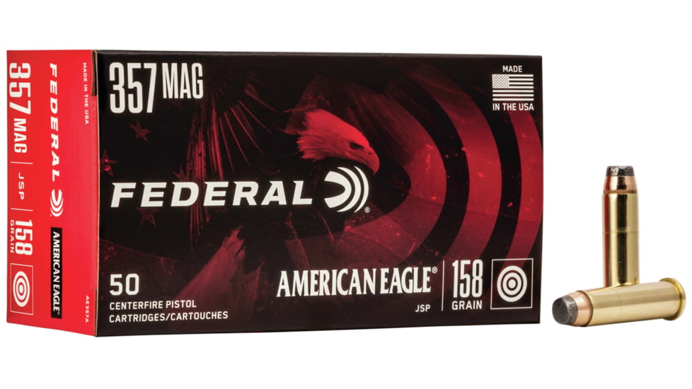 Federal Premium American Eagle 357 Magnum 158 Grain Jacketed Soft Point Brass Centerfire Pistol Ammo, 50 Rounds, AE357A