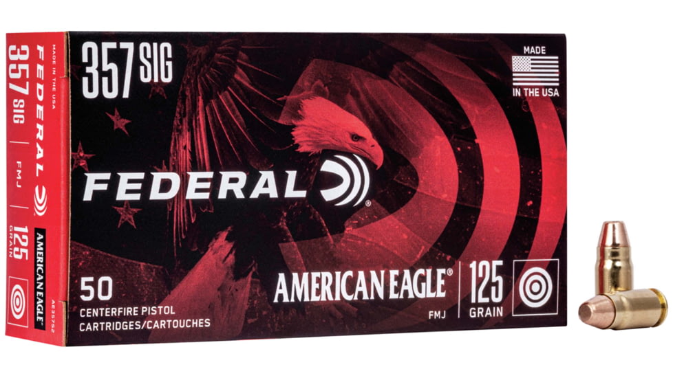 Federal Premium American Eagle 357 Sig 125 Grain Full Metal Jacket Brass Centerfire Pistol Ammo, 50 Rounds, AE357S2
