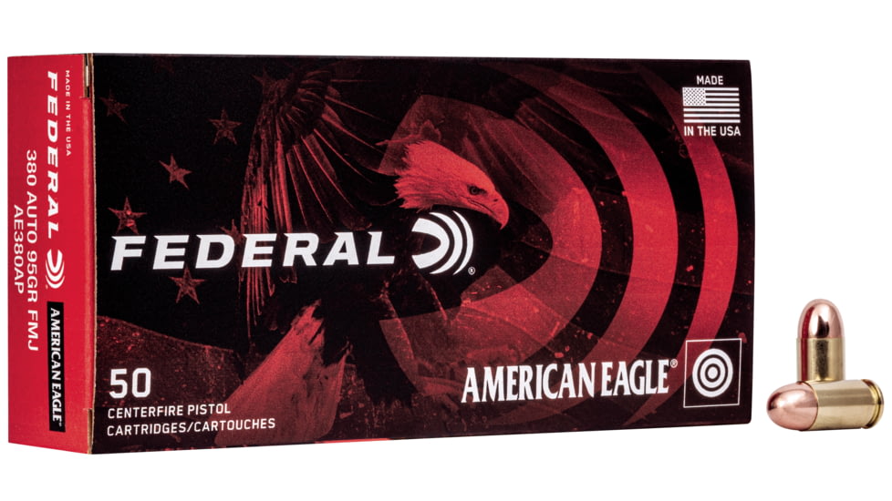 Federal Premium American Eagle .380 ACP 95 Grain Brass Cased Full Metal Jacket Brass Centerfire Pistol Ammo, 50 Rounds, AE380AP