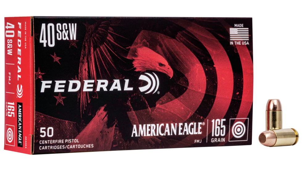 Federal Premium American Eagle 40 S&amp;W 165 Grain Full Metal Jacket Brass Centerfire Pistol Ammo, 50 Rounds, AE40R3