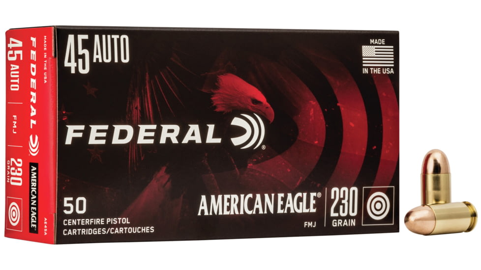 Federal Premium American Eagle 45 Auto 230 Grain Full Metal Jacket Brass Cased Centerfire Pistol Ammo, 50 Rounds, AE45A