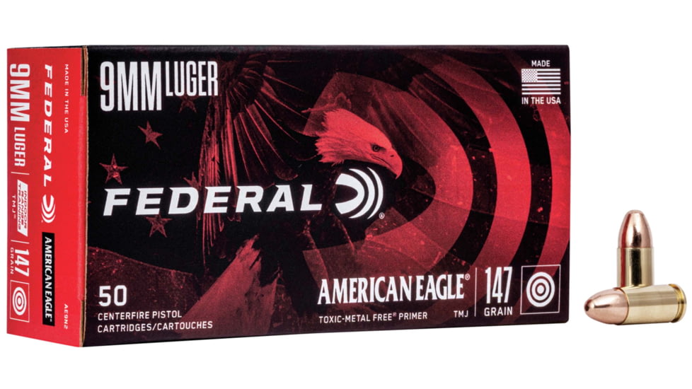 Federal Premium American Eagle Indoor Range Training 9mm Luger 147 Grain Full Metal Jacket Centerfire Pistol Ammo, 50 Rounds, AE9N2