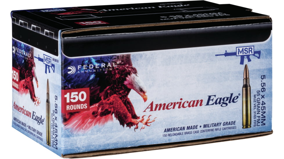 Federal Premium American Eagle M193 Ball Rifle Ammo, 5.56x45mm NATO, Full Metal Jacket Boat Tail, 55 grain, 150 Rounds, XM193BK150