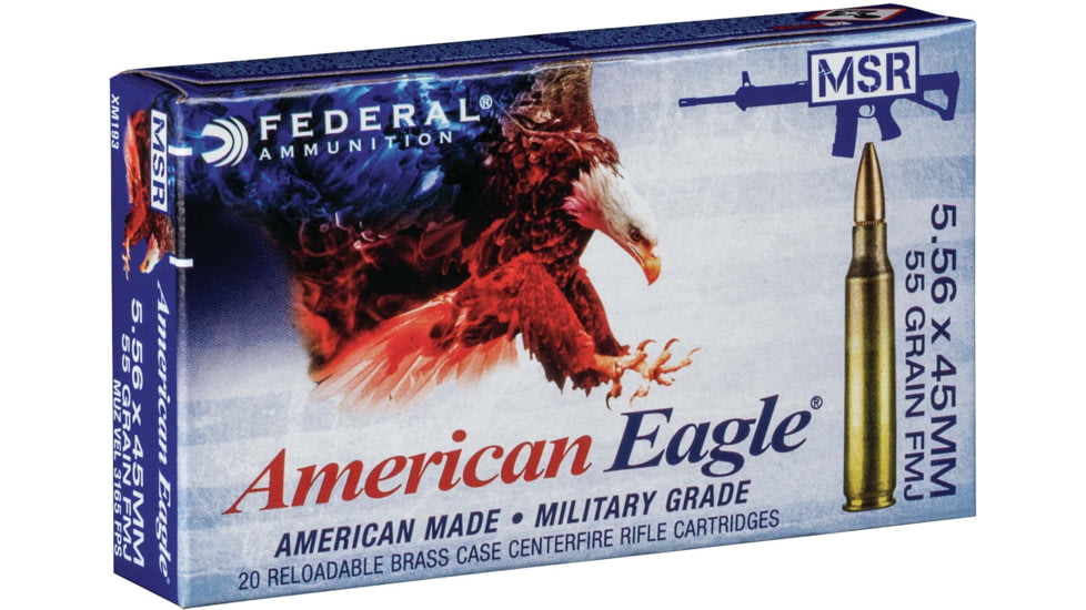 Federal Premium American Eagle M193 Ball Rifle Ammo, 5.56x45mm NATO, Full Metal Jacket Boat Tail, 55 grain, 20 Rounds, XM193