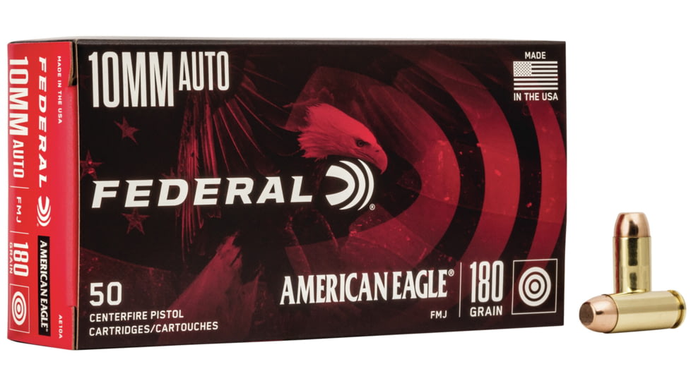 Federal Premium American Eagle 10mm Auto 180 Grain Full Metal Jacket Brass Cased Centerfire Pistol Ammo, 50 Rounds, AE10A