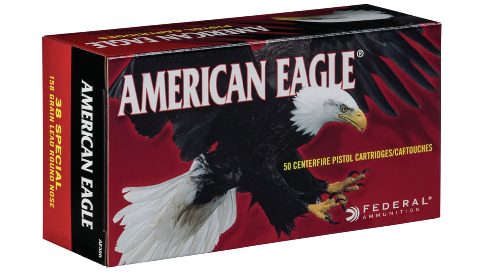Federal Premium American Eagle 38 Special 158 Grain Lead Round Nose Brass Cased Centerfire Pistol Ammo, 50 Rounds, AE38B